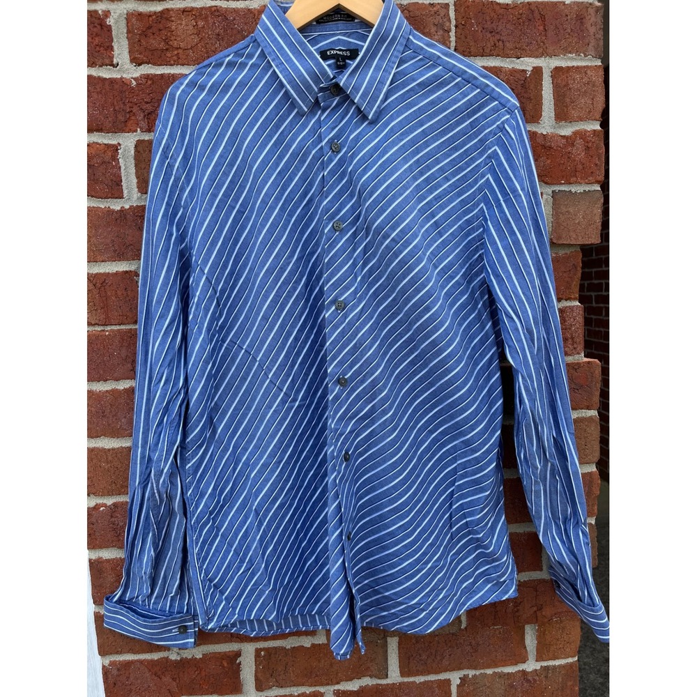 Express Modern Fit Mens Blue White Striped Button Down Shirt Large 16-16.5